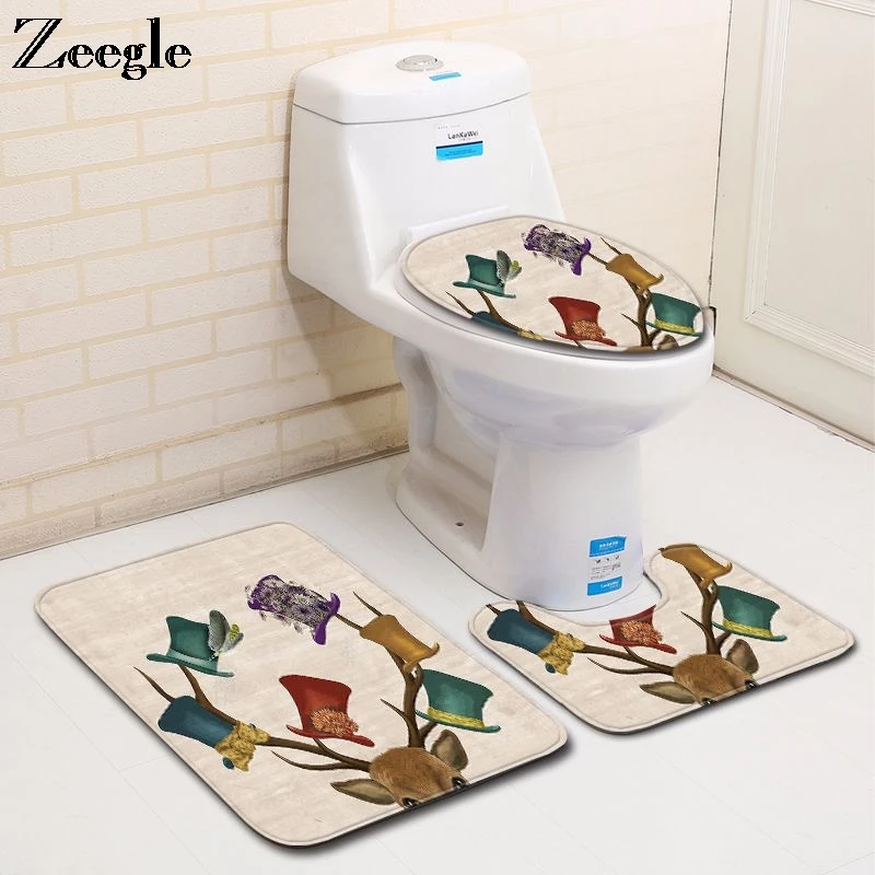 Zeegle 3pcs Bath Mat Set Flannel Soft Toilet Pedestal Rug Foot Mat Absorbent Anti Slip Bathroom Doormat Shower Mat Toilet Set