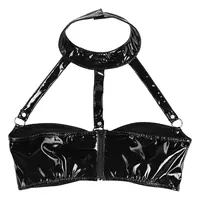 MSemis Women Pole Dance Crop Top Wet Look Patent Leather Lingerie Halter Neck Strappy Harness Backless Wire-free Bustier Bra Top 4