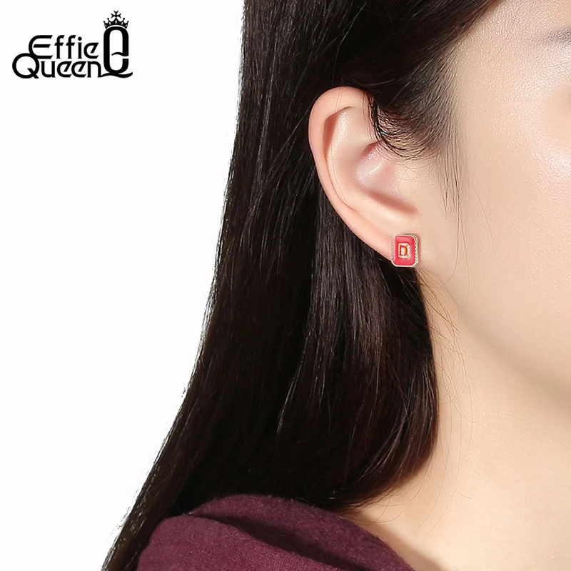 Effie Queen 925 Silver Stud Earring Square Enamel Earring with AAAA Zircon Woman Girl Jewelry Party Gift BE284