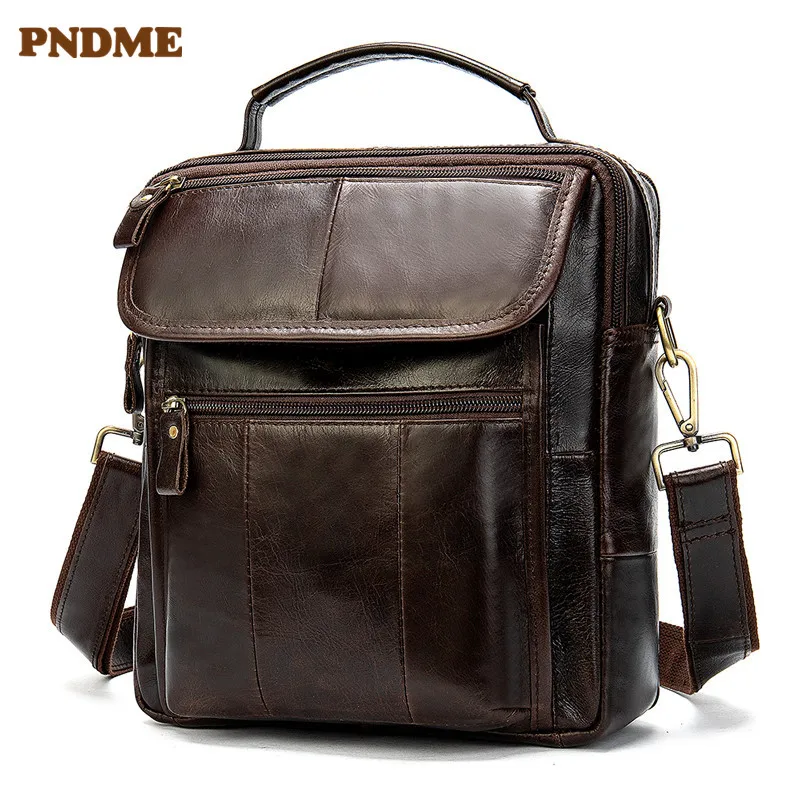 

PNDME vintage high quality genuine leather men's shoulder bag casual simple first layer cowhide daily messenger bags handbags