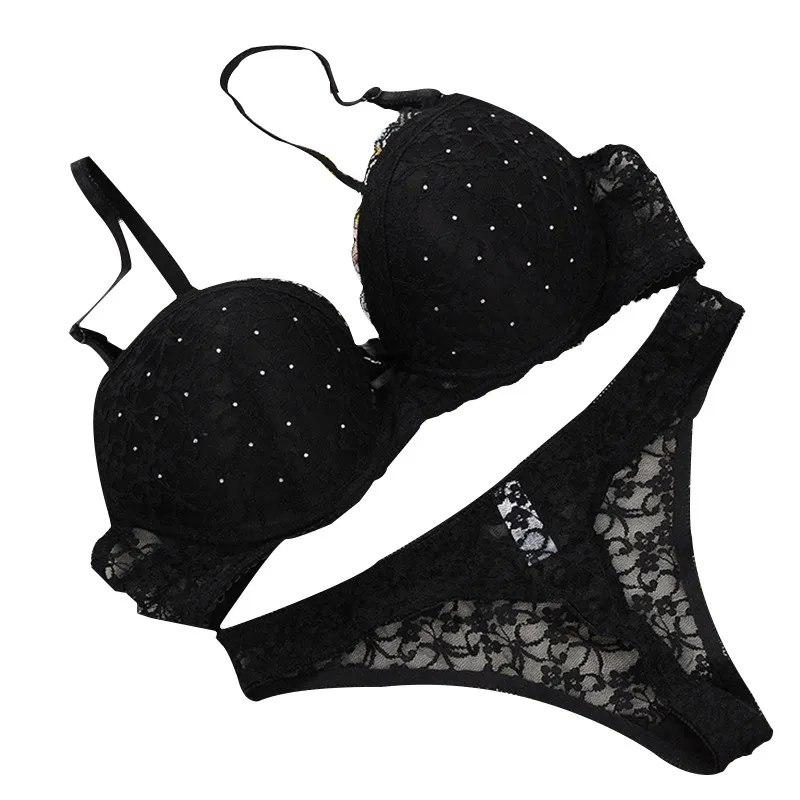 

Bra and Thong Set 34 36 38 40 BC Cup Lace Drill Bra Set Women Push Up Underwear Set
