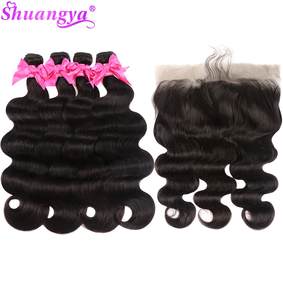 Frontal com Pacotes Onda do Corpo Pacotes com Frontal Humano com Fechamento Transparente Laço Peruano Remy Cabelo Shuangya 100% 5 Pacotes com 3/4 com fecho