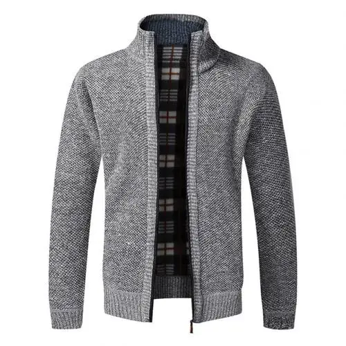 Light Gray Шикарный мужской зимний свитер с длинным рукавом и стоячим воротником, толстый вязаный теплый свитер на молнии, флисовый зимний теплый свитер, мужское вязаное пальто - Цвет: Light Gray