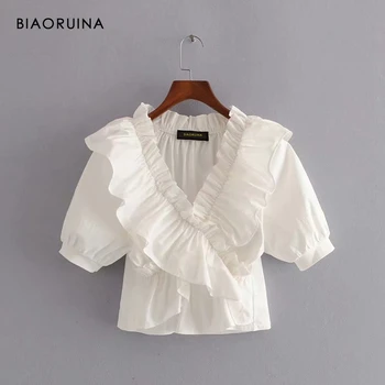 

BIAORUINA Women's White Summer Criss-cross Cascading Ruffle V-neck Shirt Female Slim Fashion Blouse Short Sleeve Streetwear