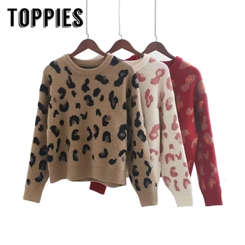 

2019 Autumn Winter Leopard Sweater Woman Jacquard Knitted Sweater Round Neck Short Pullover jersey mujer
