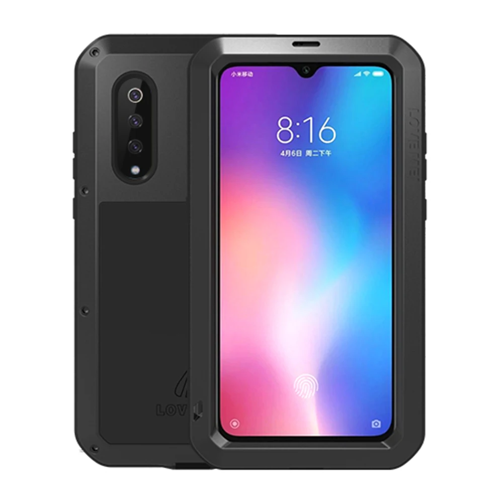 Чехол LOVE MEI для Xiaomi Mi9 Mi8, сверхмощный ударопрочный пылезащитный открытый спортивный металлический резервуар Броня крышка с закаленным стеклом - Цвет: Черный
