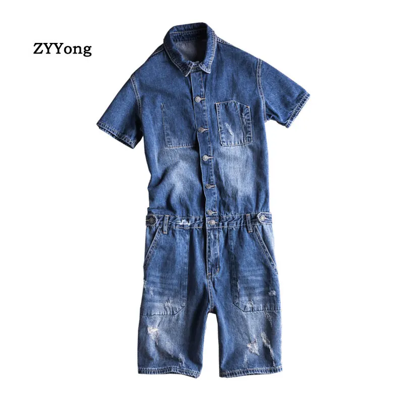 Summer Men's Denim Jumpsuit Short-Sleeve Alphabet Printing Overalls Hip-Hop Streetwear Casual Jeans Short Fashion Cargo Pants