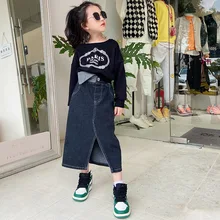 

Girls Split Denim Skirt Autumn High Waist Irregular A-line Skirt Mid-length Triangle Waist Black Skirt