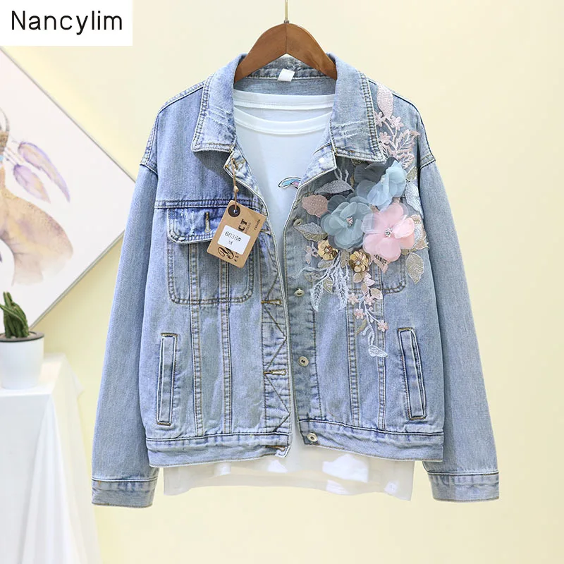 

Spring Autumn Loose Jacket Womens Three-dimensional Flower Embroidered Denim Jacket Long Sleeve Coat Female Students