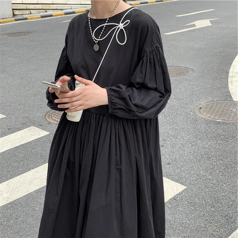 SuperAen женский с пышными рукавами длинное платье однотонное хлопковое дикое женское платье Осень новинка модная повседневная женская одежда