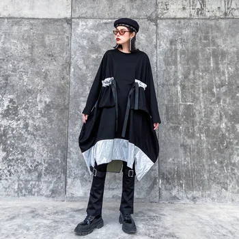 

Women's 2020 Spring New Style Hit Color Dress Elegant Pocket Patchwork Irregular O Neck Long Sleeve Casual Loose Dress Plus Size