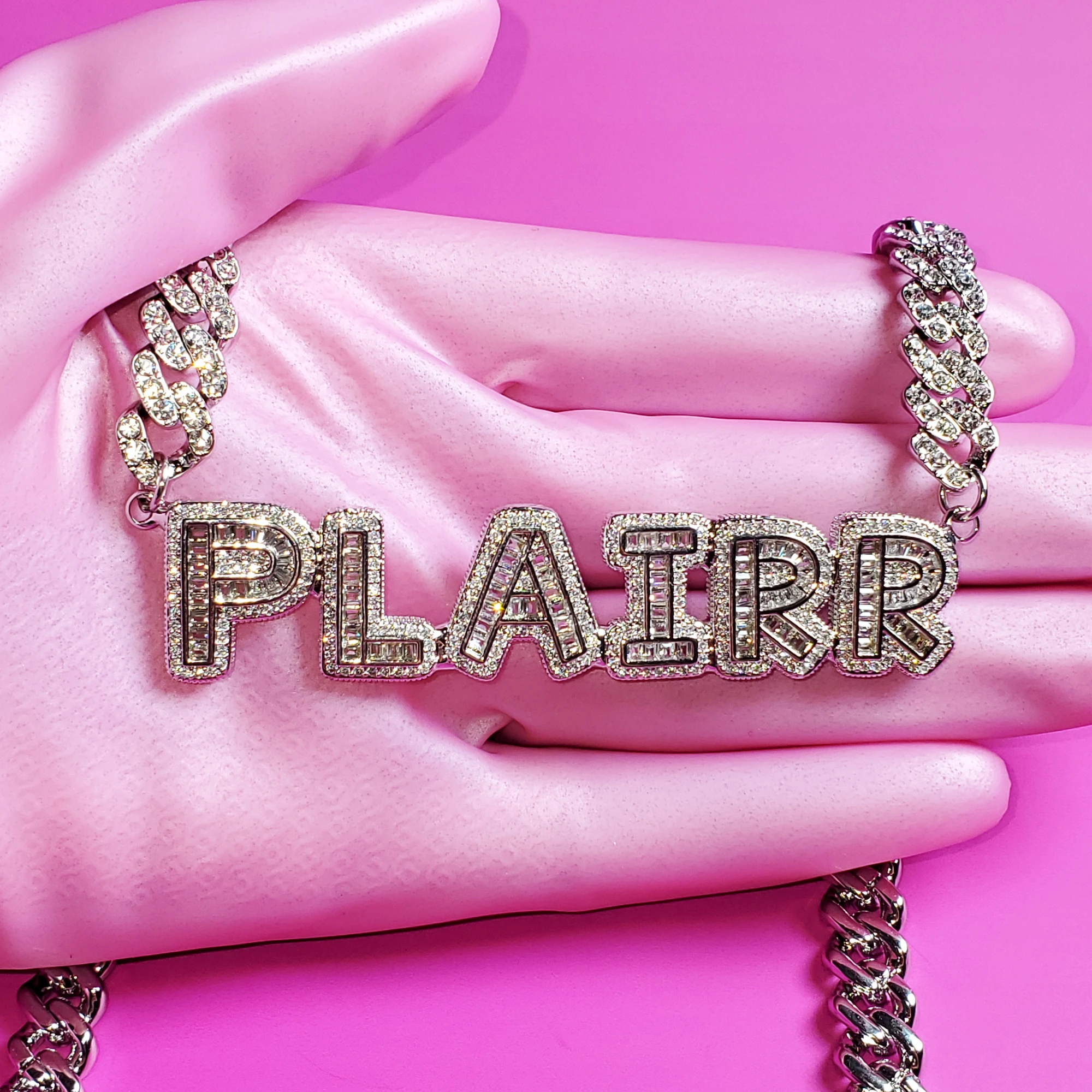 CUSTOM Name Pendant Necklace with Cuban Link Chain, Icy Baguette Letters Name Necklace, Icy Bling Name Choker, Personalized Gift