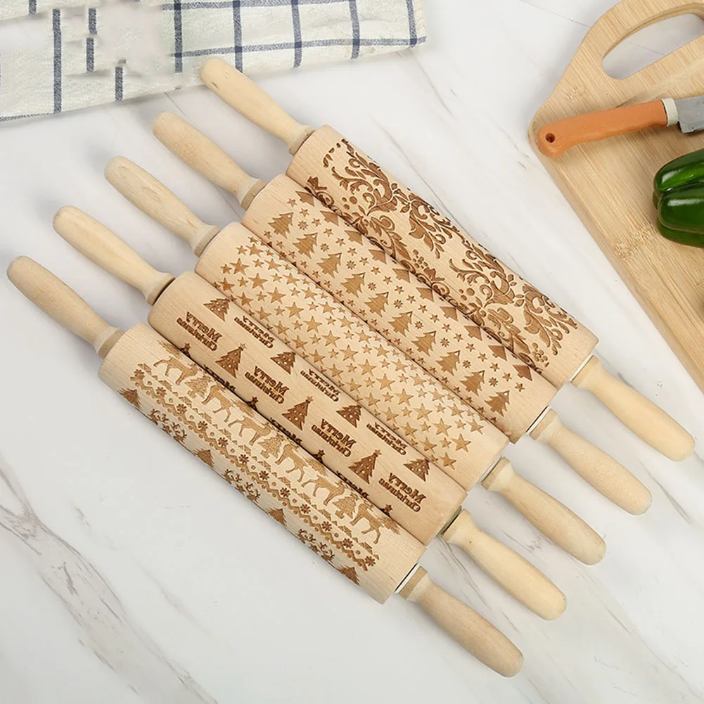 Christmas Embossing Carving Rolling Pin Printed Solid Wood Rolling Pins Baking Wood Rolling Pin Kitchen Cooking Pin for Bakery C