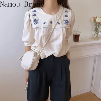 

Korean-Style Chic Retro round Neck Heavy-Duty Embroidered Contrast Color Shirt + High Waist Slimming Versatile Casual Pants