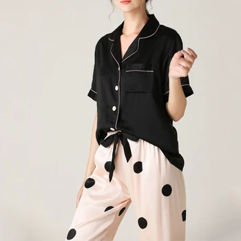 

Autumn Spring Comfort Rayon Women Pajama Set Lady Single Breasted + Lace Up Pants Homewear Female Soft Two Pieces Sleepwear