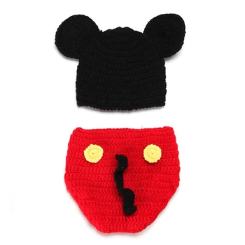 

0-3M Newborn Baby Photography Clothes Props Photograph Clothing Cartoon Mouse Photo Props Cap PP Pants Shoes Handmade Knitting
