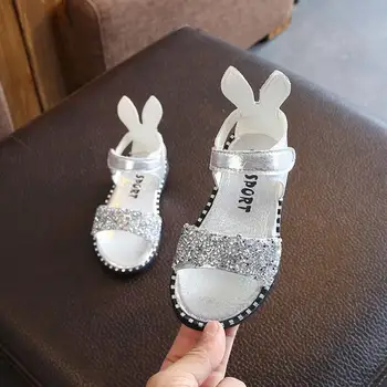 

2020 Summer Girl Sandals Fashion Bling Shiny Rhinestone Toddler Girls Shoes with Rabbit Ear Kids Flat Sandals Children EU 21-36