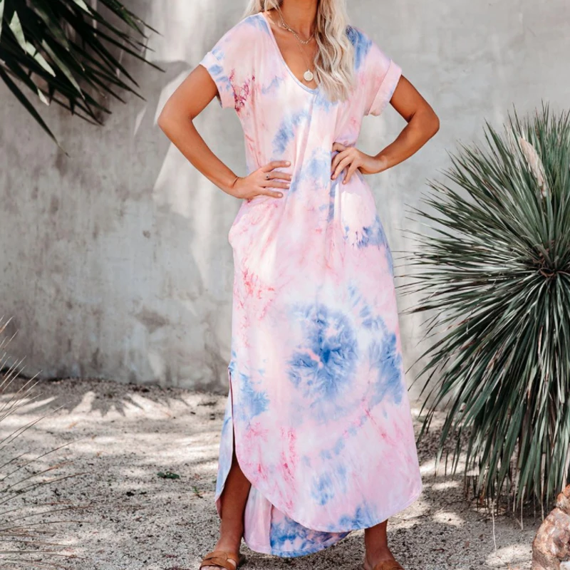 

Summer Tie dye Print Short Sleeved Dress Women Large Size Casual Long Maxi Dresses Side Splited Street Women's Holiday Skirt