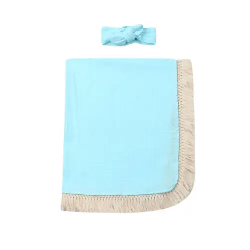 Хлопковое одеяло для новорожденных с кисточками, детский Пеленальный Коврик для девочек и мальчиков, Пеленальное Одеяло, муслин, хлопок, спальный коврик - Цвет: Небесно-голубой