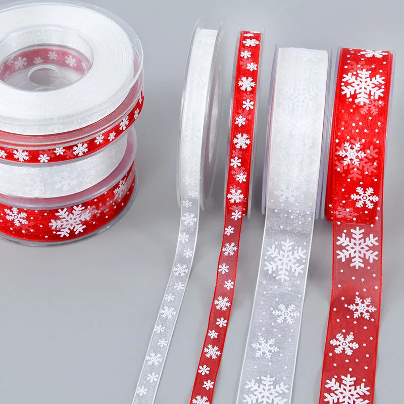 20/5m Christmas Gift Wrapper Ribbon Crystal White Snowflake Tape for Christmas Present Packaging Xmas Tree Decorative Ribbon