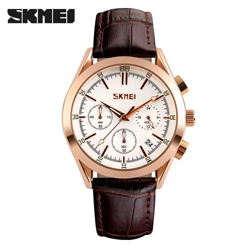 

Skmei 9127 Fashion Men Genuine Leather Casual Business Watch Waterproof Six-pin with Calendar Watch