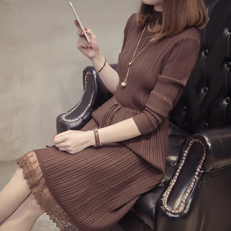 

Autumn Clothing New Style Long Sweater Dress Women's Autumn Loose-Fit Lace Hem Slim Fit Jersey Dress Half-Turtle-Neck Base Skirt