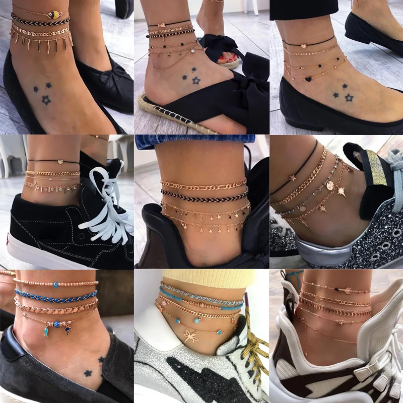 Tocona Boho Shell Layered Gold Color Foot Chain Barefoot Sandals Heart Fish Alloy Colorful Rope Anklets for Women Summer Jewelry
