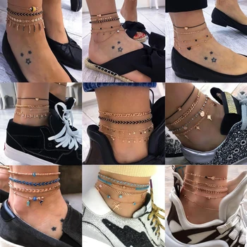 Tocona Boho Shell Layered Gold Color Foot Chain Barefoot Sandals Heart Fish Alloy Colorful Rope Anklets for Women Summer Jewelry