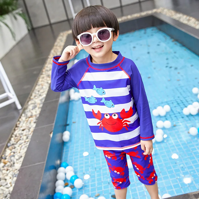 

Children BOY'S Swimming Trunks Split Type Two Piece Set Big Boy Long Sleeve Sun Protection Clothing Kids Quick-Dry Crab Hot Spri