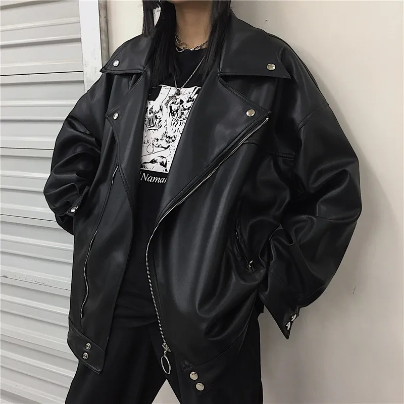 

Vintage Black Faux Pu Leather Jacket Women Casual Notched Collar Long Sleeve Biker Jacket Spring Autumn 2024 Casacos Feminino