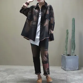 

Casual Women's Suit Vintage Printing Loose Single Bubtton Shirt And Loose Pants Elastic Waist Trousers Plus size mom suits