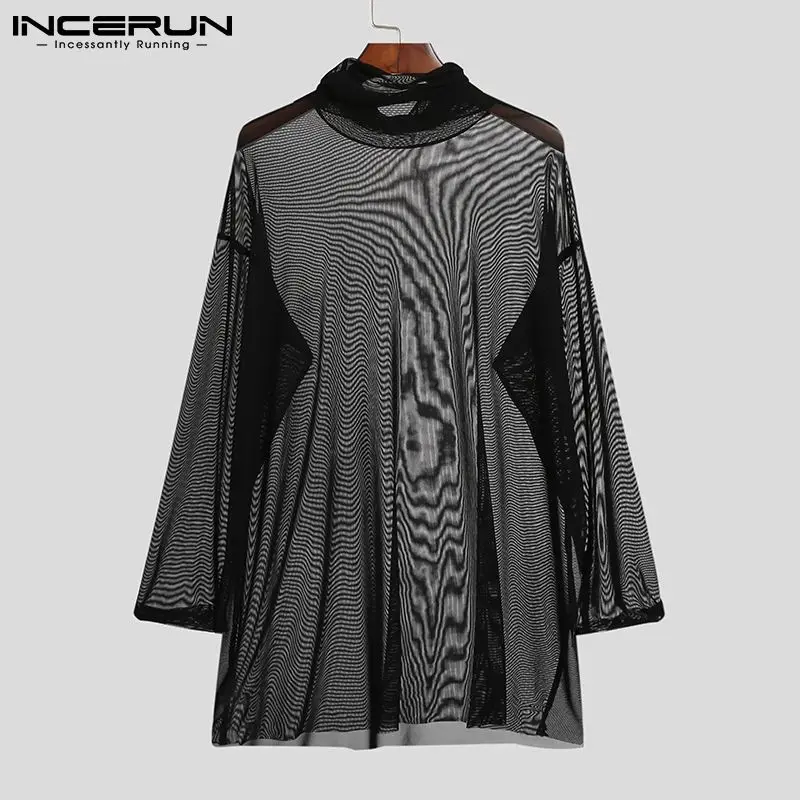 INCERUN 2024 Men T Shirt Turtleneck Mesh See Through Long Sexy Men Clothing Streetwear Party Nightclub Sleeve Camisetas S-5XL