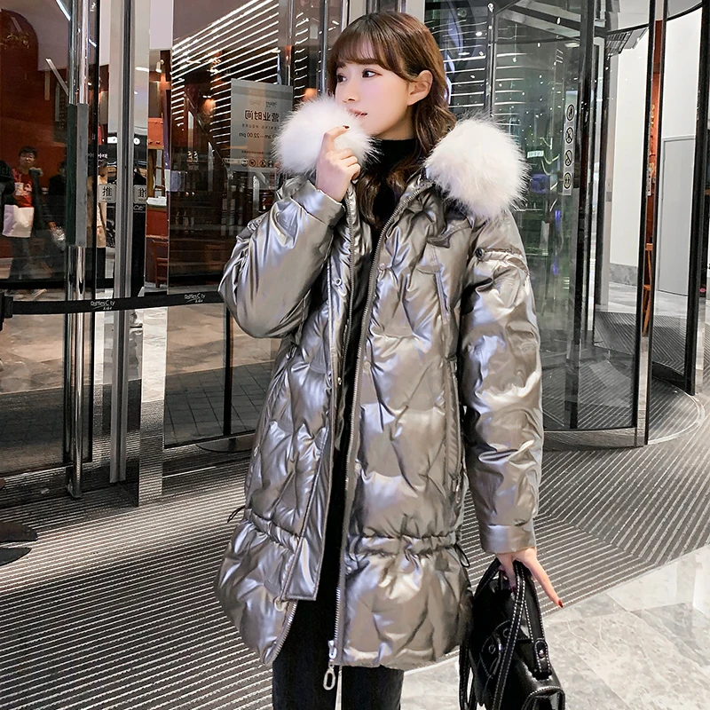 2020 Winter Long Shiny Jacket For Women Solid Plus Size Hooded Parkas Korean Style Fur Collar Thick Outwear Coats Chaqueta Mujer