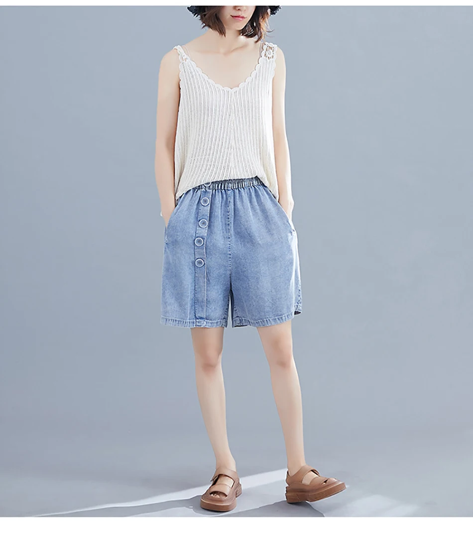 AudWhale Plus Size Denim Shorts For Women Elastic Waist Ladies Jeans Shorts Loose High Waist Summer Jeans Shorts Femme