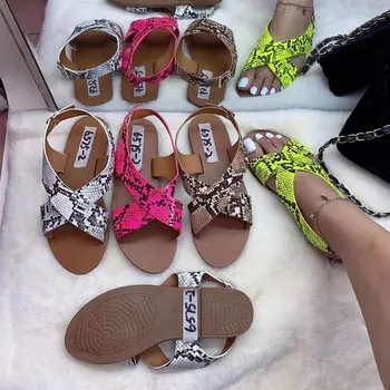 

2020 Summer Women Flats Serpentine Slippers Fetish Stripper Casual Snake Skin Shoes Prom Slippers Green Pench Shales Slide Shoes