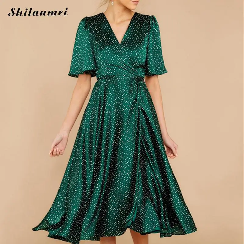 

Polka Dot Long Party Dress Elegant Satin Slim A-Line Long Dress Women 2019 Vintage Ruffled Short Sleeve Casual Female Vestidos