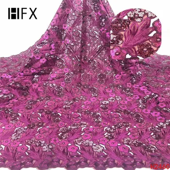 

HFX 2019 Latest sequence beaded french Nigerian laces fabrics high quality tulle African lace fabric sequins wedding dress H2460