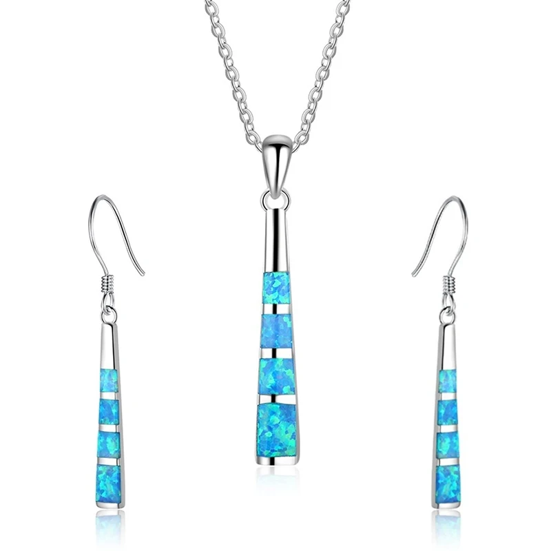 

Charm Geometric Shape Jewelry Set Blue Imitation Fire Opal Pendant Necklace With Earrings For Women Accessories Party Loves Gift