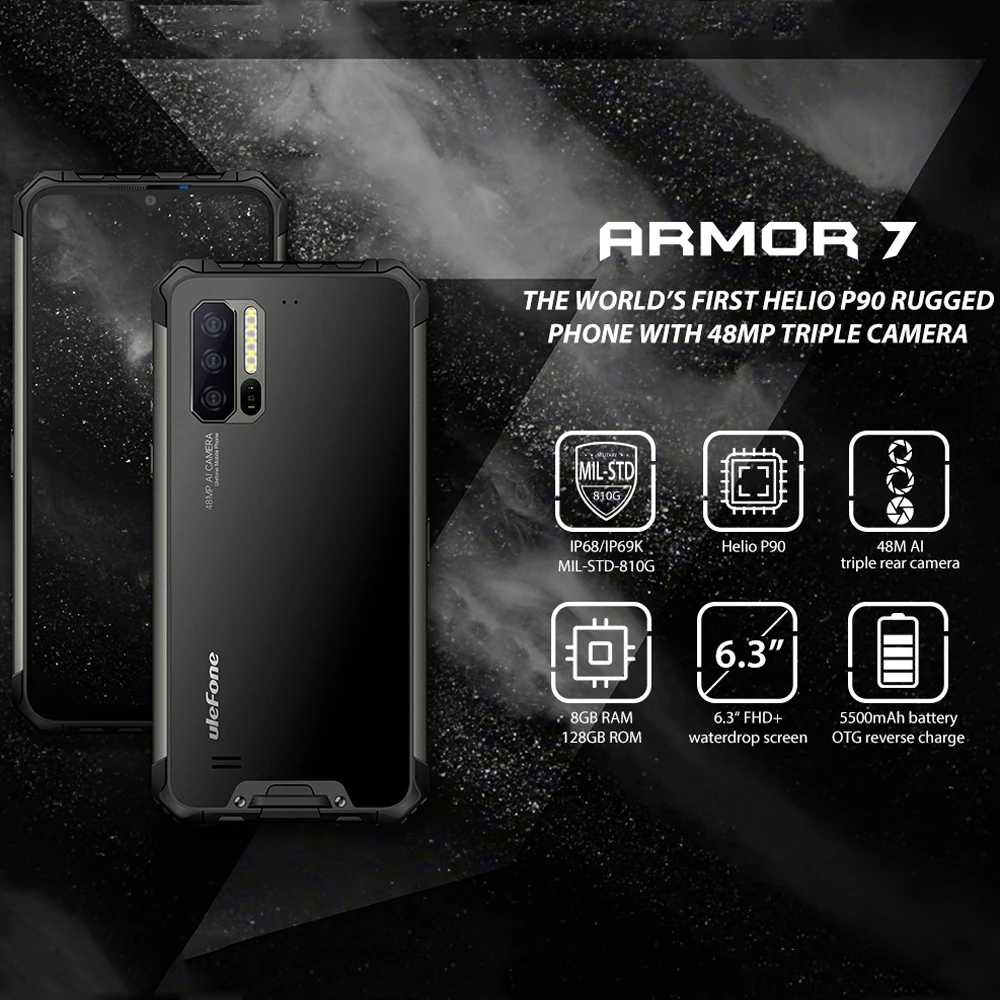 Ulefone Armor 7 IP68 прочный мобильный телефон Helio P90 Восьмиядерный 8 ГБ + 128 ГБ Android 9,0 48MP 4G LTE камера Global Vision смартфон