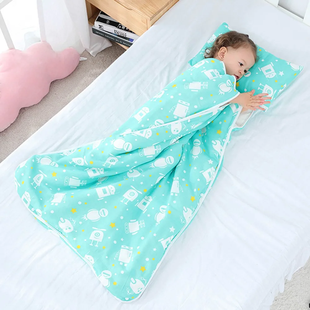Kid Sleeping Bag Nap Mat Toddler Cotton Pad with Liner for Preschool Daycare Kindergarten Travel Removable Pillow Sleeping Bag