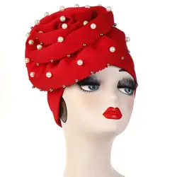 Helisopus Pearls Beaded Party Turban Hijab Cap Women Big Elastic Hair Loss Bandanas Muslim Head Wrap Elegant Hair Accessories
