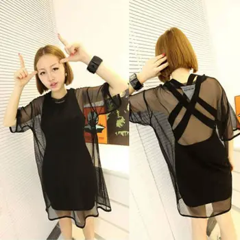 

Brand New Women Cover-Ups Loose See Through Sheer Mesh Short Sleeve Tee Oversize Tops Solid Casual Beachwear Anti-UV
