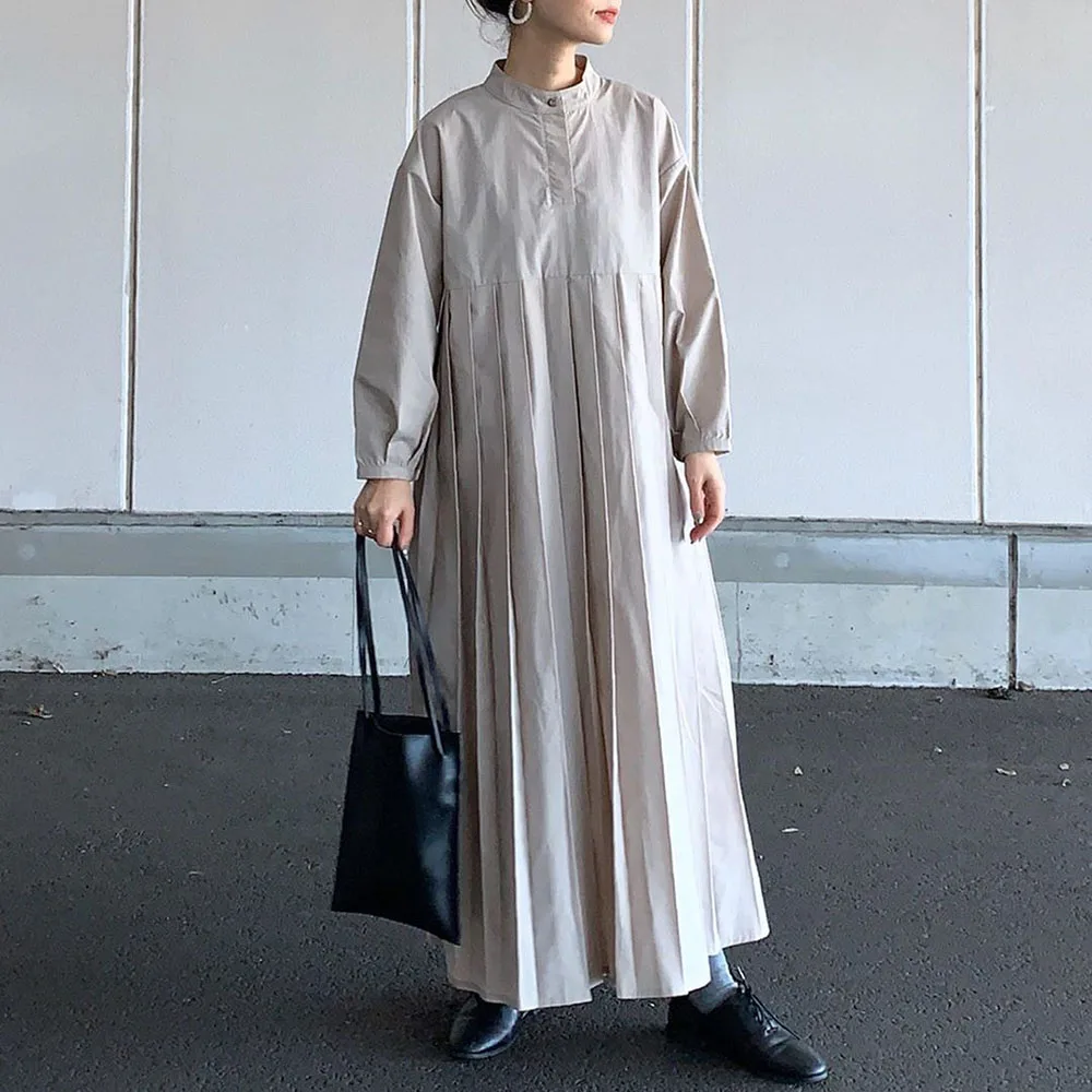 

Women Pleated Dress Spring Autumn Long Sleeve Pullover Plain Ankle-Length Loose Long Dresses Korean Causal Vestidos Minimalist