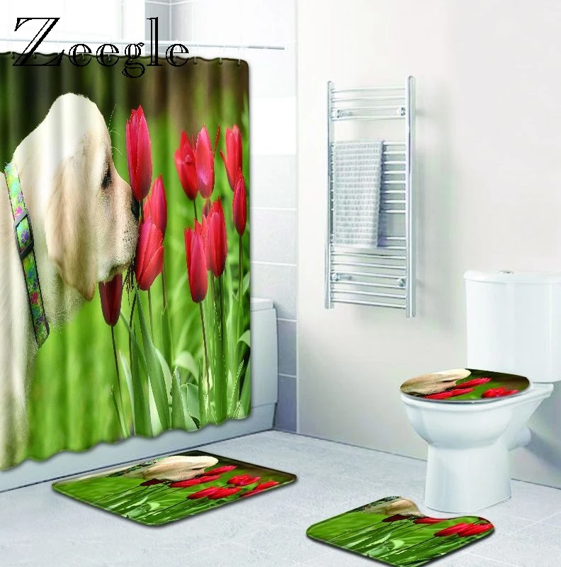 Zeegle Bath Mat Set and Shower Curtain Absorbent Toilet Pedestal Rug Foot Mat Flannel Toilet Seat Cover Mat Washable Toilet Set