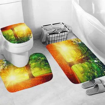 

Hot 4PCS Polyester Shower Curtain Waterproof Bath Rug Mat Set Rug Toilet Lid Cover Floor Carpet Foot Pad Set For Home Bathroom
