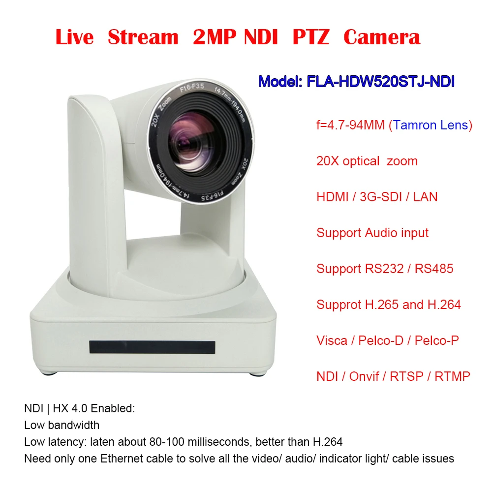 

2MP 60fps 20x Optical Zoom Full HD Broadcast and Conference Indoor PTZ Camera NDI
