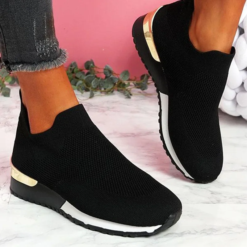 Sneakers Women Shoes Vulcanize Shoes Solid Color Sneakers For Female Ladies Slip-On Knit Shoes Sport Mesh Casual Shoes For Women