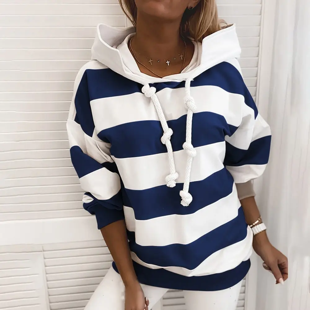 

2020 New Women Hoodies Long Sleeve Striped Print Hooded Sweatshirt Lace Up Fashion Jumper Pullovers Female Autumn Winter Tops