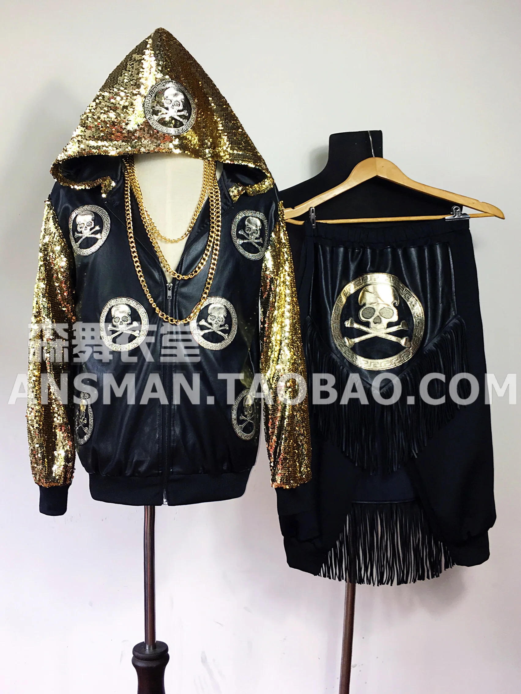 Roupa Masculina мужской Шаньтоу черный золотой блёстки кожаное пальто бахрома брюки