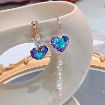 

MWSONYA 2020 Korea Colorful love heart Crystal Long Tassel Dangle Earrings for Women Exaggerate Asymmetric Fashion Jewelry Gift